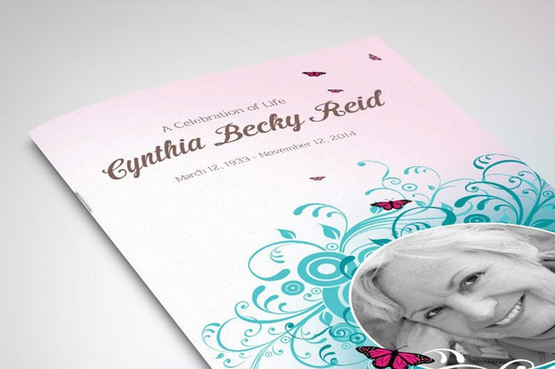 Teal Pink Funeral Program Template, Word Template, Publisher, Butterfly Celebration of Life, Obituary, 4 Pages, 5.5x8.5 in image 5