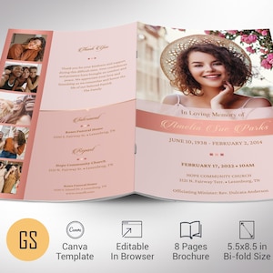 Plantilla de Canva para programa funerario "Remember", celebración de la vida en oro rosa, obituario imprimible para mujer, formato carta de 8 páginas, 5.5 x 8.5 pulgadas