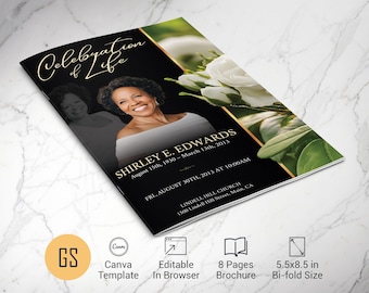 White Rose Funeral Program Template: 8 Page 5.5x8.5 Bifold Obituary for Canva (Digital Download)