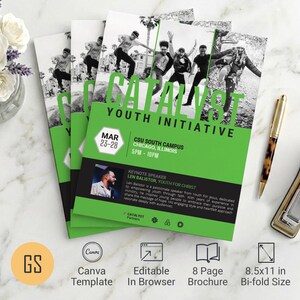 Vorlage für ein Jugendkonferenzprogramm | Canva: Grüne & schwarze 8-seitige, zweifach gefaltete Kirchenbroschüre (8,5 x 11 Zoll) – Digitaler Download