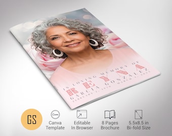 Plantilla de programa funerario Pink Roses / Canva: Obituario conmemorativo floral plegable de 8 páginas (5,5 x 8,5) Descarga digital