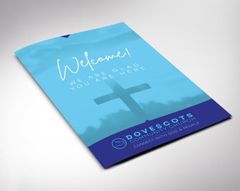 May include: A blue and white welcome flyer for Dovecots Community Church. The flyer features a cross silhouette against a blue sky background and the text "Welcome! We are glad you are here." and "Dovecots Community Church Connect with God & People".