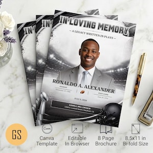 May include: A funeral programme template featuring a football stadium background, a portrait of a man in a suit, and the text IN LOVING MEMORY, A LEGACY WRITTEN IN PLAYS, RONALDO A. ALEXANDER, KICKOFF, POST-GAME, and JULY 5, 2026, measuring 21.6x27.9 cm.