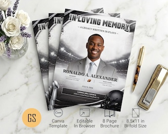 Football Funeral Program Canva Template Black Silver 8 Page 8.5x11 Bifold Booklet (Digital Download)