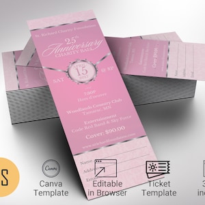 Pink Silver Anniversary Gala Ticket Template for Canva has 4 Sizes, 2x5.5, 2x6, 3x7, and 3.5 x 8.5 inches. It features a pink background with silver decals. The banquet ticket template is for any anniversary fundraiser event that has an elegant theme