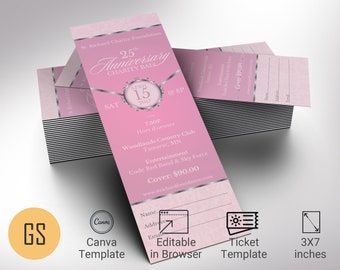 Pink Silver Anniversary Gala Ticket Template, Canva Template | Banquet Ticket, Fundraiser Event | 4 Sizes