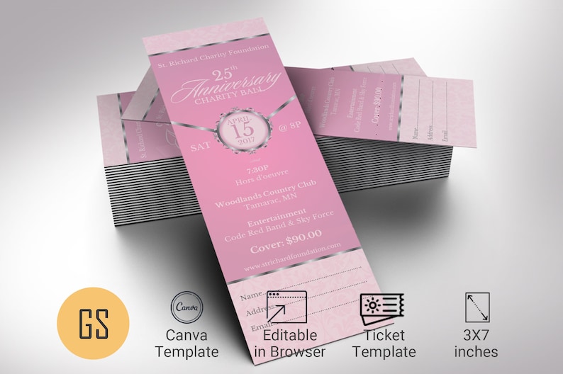 Pink Silver Anniversary Gala Ticket Template for Canva has 4 Sizes, 2x5.5, 2x6, 3x7, and 3.5 x 8.5 inches. It features a pink background with silver decals. The banquet ticket template is for any anniversary fundraiser event that has an elegant theme