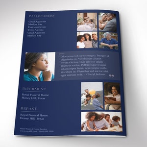 Back Cover - Say goodbye to the traditional, regular funeral program with the Dawn Funeral Program Template for Canva (8 pages, 11x8.5 inches, bifold to 5.5x8.5 inches). This expressively designed Dawn blue celebration of life bi-fold brochure