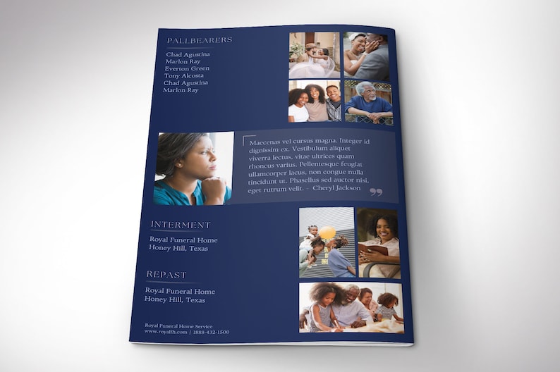 Back Cover - Say goodbye to the traditional, regular funeral program with the Dawn Funeral Program Template for Canva (8 pages, 11x8.5 inches, bifold to 5.5x8.5 inches). This expressively designed Dawn blue celebration of life bi-fold brochure