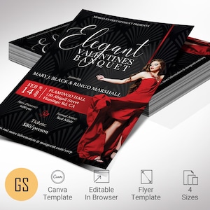 Schwarz und Rot Valentinstag Bankett Flyer Vorlage für Canva, Elegante Bankett Einladung, Party Flyer, bearbeitbar druckbar, digitaler Download