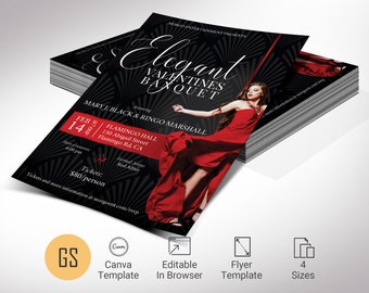 Black and Red Valentines Day Banquet Flyer Template, Canva Template, Elegant Banquet Invitation, Party Flyer