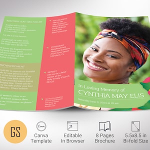 Plantilla de programa funerario tropical para Canva, celebración de la vida, programa de obituario, plantilla de obituario de mujeres, 8 páginas, 5,5 x 8,5 pulgadas