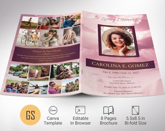 Pink Forever Funeral Program Template, Canva Template | Celebration of Life, Obituary Program | 8 Pages | 5.5x8.5 inches