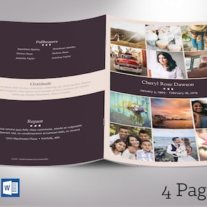 May include: A funeral programme with a collage of photographs on the front cover. The programme includes information about the deceased, Cheryl Rose Dawson, including her birth and death dates. The programme also includes sections for pallbearers, gratitude, and repast.