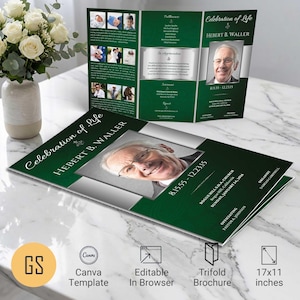 Green Silver Funeral Program Canva Template 11x17 Tabloid Trifold Obituary Booklet (Digital Download)