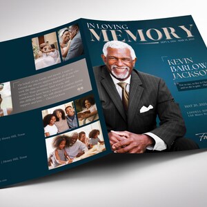 Teal Blue Tabloid Funeral Program Template, Dawn, Canva Template, Magazine Style, Celebration of Life for Men, 8 Pages, 11x17 in image 2