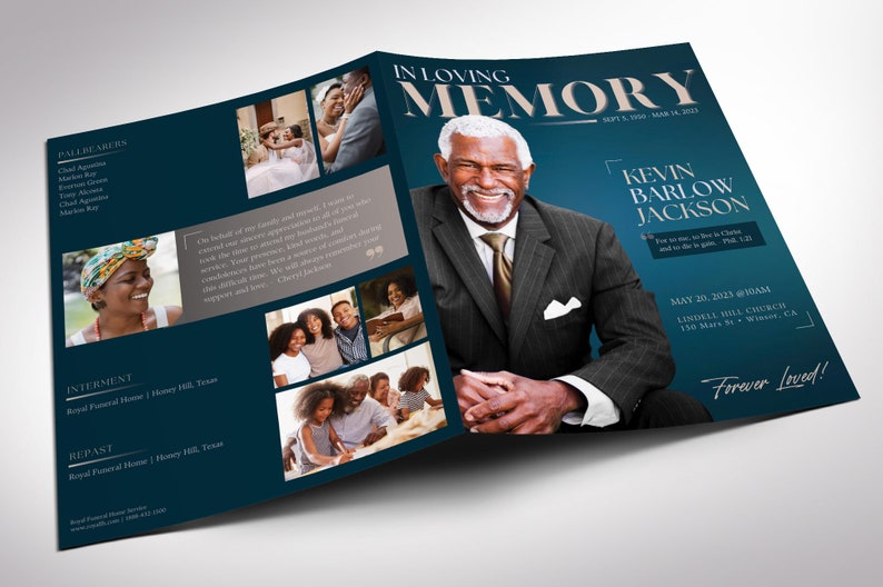 Teal Blue Tabloid Funeral Program Template, Dawn, Canva Template, Magazine Style, Celebration of Life for Men, 8 Pages, 11x17 in image 2