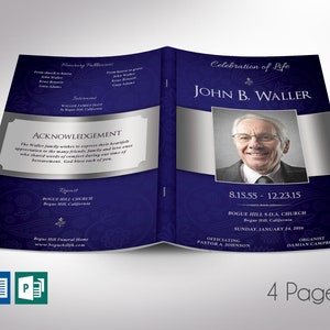 Blue Dignity Funeral Program Template Word Template, Publisher Celebration of Life 4 Pages Bifold to 5.5x8.5 in image 1