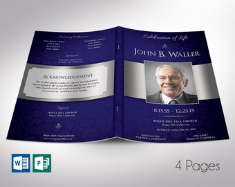 Blue Dignity Funeral Program Template | Word Template, Publisher | Celebration of Life | 4 Pages | Bifold to 5.5x8.5 in