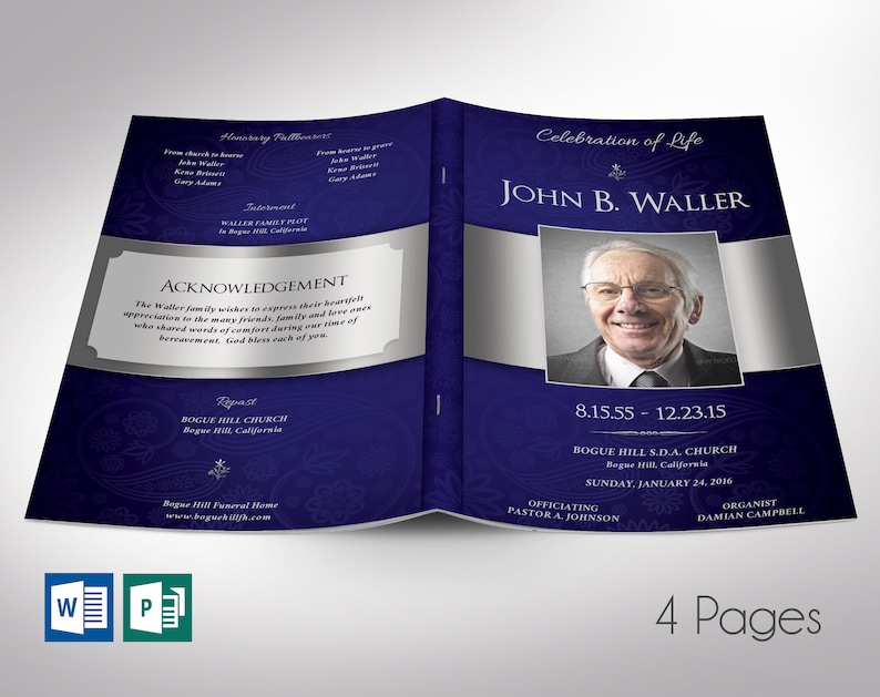 Blue Dignity Funeral Program Template Word Template, Publisher Celebration of Life 4 Pages Bifold to 5.5x8.5 in image 1