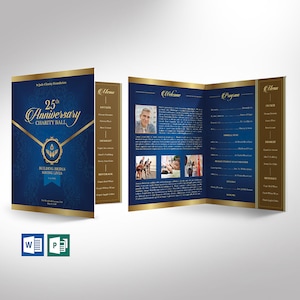 Blue Gold Anniversary Gala Tabloid Program Template Word Template, Publisher Banquet Program 4 Pages 11x17 in image 1