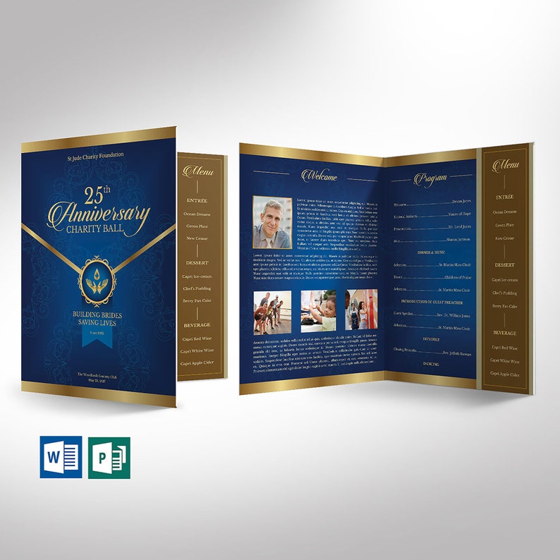 Blue Gold Anniversary Gala Tabloid Program Template Word Template, Publisher Banquet Program 4 Pages 11x17 in image 1