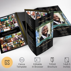 May include: A black trifold funeral brochure with a gold border. The front cover features a photo of a man smiling in front of a waterfall. The text "In Loving Memory" is written in a gold cursive font. The back cover features a collage of photos of the deceased. The brochure is 14 inches by 8.5 inches.