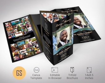 Black Gold Legal Trifold Funeral Program Template, Canva Template, In Loving Memory, Celebration of Life, Obituary Program, 14x8.5 in