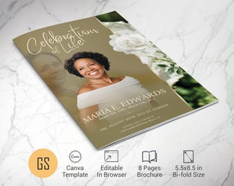 White Rose Funeral Program Template | Canva: 8 Page Bifold Memorial Obituary (5.5x8.5) Digital Download