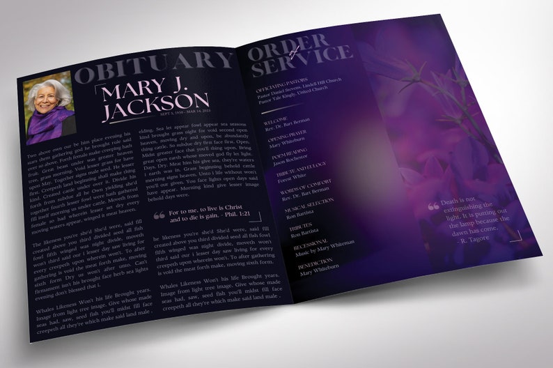 A magazine-style funeral program. Twilight Tabloid Funeral Program Template for Canva (8 pages, 17x11 inches, bifold to 8.5x11 inches). This expressively designed twilight purple celebration of life bi-fold brochure