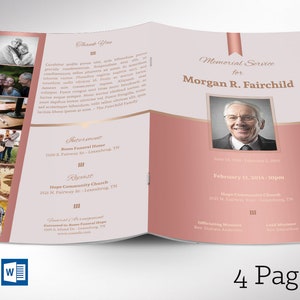 May include: A pink and white memorial service booklet for Morgan R. Fairchild. The booklet includes a photograph of the deceased, the date and time of the service, and the location of the service. The booklet also includes information about the interment and repast.