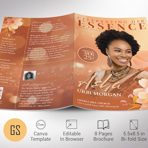 Plantilla de programa de funeral naranja, Canva, esencia floral de cereza, entierro de 8 páginas, estilo revista, celebración de la vida, obituario de mujeres, 5,5 x 8,5