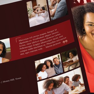 Say goodbye to the traditional, regular funeral program with the Twilight Tabloid Funeral Program Template for Canva (8 pages, 17x11 inches, bifold to 8.5x11 inches). This expressively designed twilight brick red celebration of life bi-fold brochure