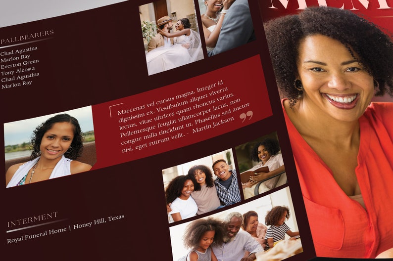 Say goodbye to the traditional, regular funeral program with the Twilight Tabloid Funeral Program Template for Canva (8 pages, 17x11 inches, bifold to 8.5x11 inches). This expressively designed twilight brick red celebration of life bi-fold brochure