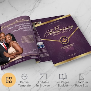 Pode incluir: Um modelo de livreto de 26 páginas com um esquema de cores roxo e dourado. A capa apresenta o texto 25th Anniversary Charity Ball, Building Bridges Saving Lives. A página interna exibe uma fotografia de um casal e o texto Congratulations to Hope Community Church on Celebrating 55 Years of Service to the Lord. O tamanho da página é 21,59x27,94 cm.