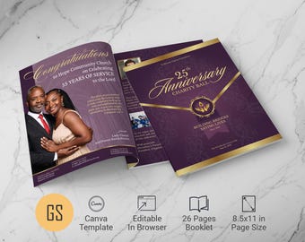 Church Anniversary Souvenir Book Canva Template 26 Page 8.5x11 Gala Program (Vintage Purple Gold)