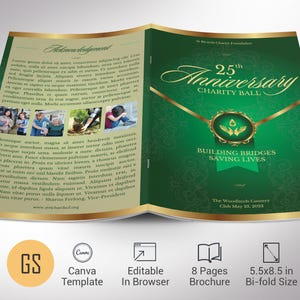Green & Gold Gala Program Template: Anniversary, Fundraiser (5.5x8.5 in, Digital Download, Canva Edit