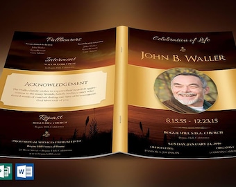 Sunset Funeral Program Template, Gold Brown | Word Template, Publisher | Celebration of Life | 8 Pages | 5.5x8.5 in