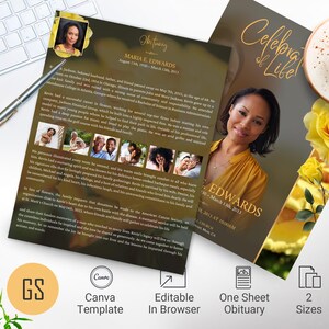 Plantilla de obituario de funeral de rosa amarilla, Canva, oro amarillo floral, una hoja, celebración de la vida, plantilla de elogio para mujeres, 2 tamaños