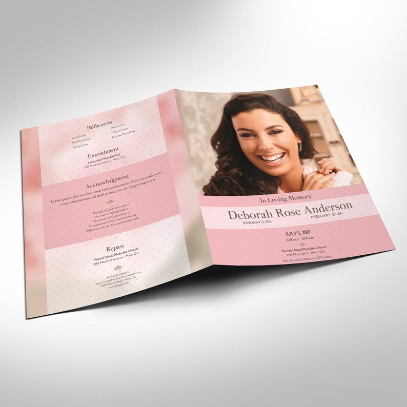 Glamour Tabloid Funeral Program Template for Word and Publisher has 4 Pages. It uses soft pink and white colors and transparency for an elegant theme. The Tabloid Print Size of 17x11 inches is Bi-Fold to 8.5x11 inches. The celebration of life bi-fold