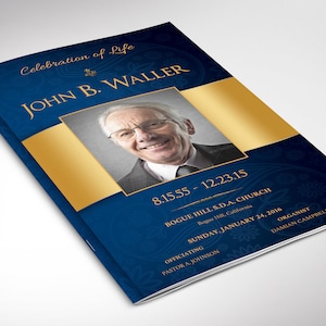 May include: A blue and gold funeral program with a photo of John B. Waller. The program includes the dates 8.15.55 - 12.23.15, the name of the church, Bogue Hills S.D.A. Church, and the date and time of the service, Sunday, January 24, 2016. The program also includes the names of the officiant, Pastor A. Johnson, and the organist, Damian Campbell.