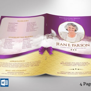 Plantilla para programa de funeral con lazo, color morado y dorado, Word y Publisher, celebración de la vida, 4 páginas, 5,5 x 8,5 pulgadas