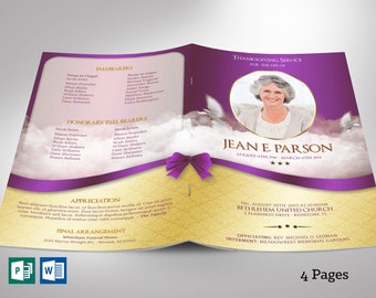 Purple Ribbon Funeral Program Template for Word and Publisher | 4 Pages | 2 Layouts | Bi-fold to 5.5x8.5 inches