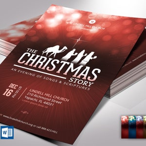 Modelo de folheto de história de Natal vermelha encantadora, Word e Publisher, 4x6", design dos Três Reis Magos, convite para concerto de cantata musical da igreja