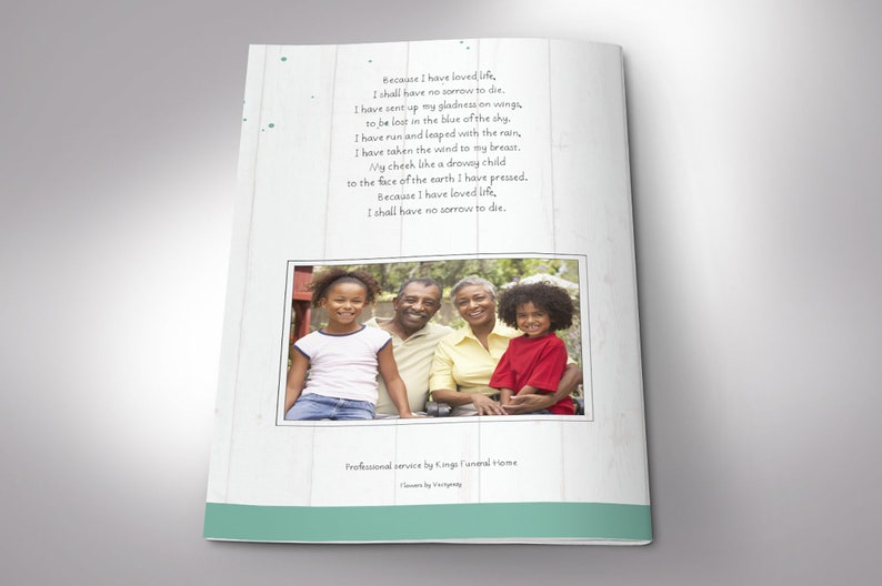 Spring Funeral Program Template for Word and Publisher has 8 pages. The Celebration of Life obituary template is a scrapbook style with teal, beige, and pink. The Print Size of 11x8.5 inches is Bi-Fold to 5.5x8.5 inches. Designed for funerals