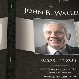 Black Silver Dignity Funeral Program Word and Publisher Template, has silver decals and text style laid over silver and black background with a Paisley pattern. The Print Size is 11 x 8.5 inches, and the Bi-Fold Size is 5.5 x 8.5 inches.