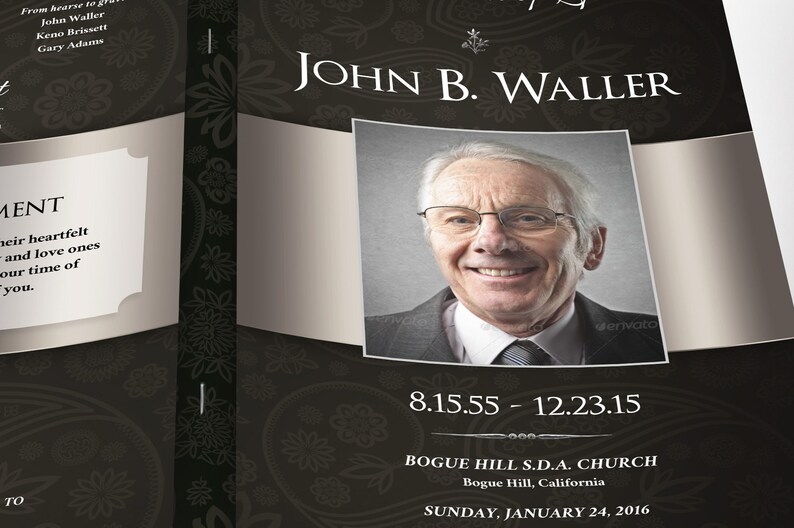 Black Silver Dignity Funeral Program Word and Publisher Template, has silver decals and text style laid over silver and black background with a Paisley pattern. The Print Size is 11 x 8.5 inches, and the Bi-Fold Size is 5.5 x 8.5 inches.