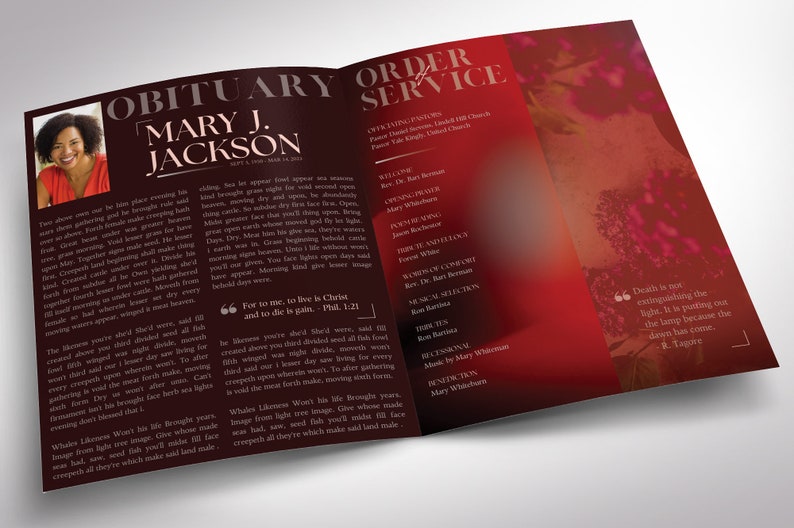 Say goodbye to the traditional, regular funeral program with the Twilight Tabloid Funeral Program Template for Canva (8 pages, 17x11 inches, bifold to 8.5x11 inches). This expressively designed twilight brick red celebration of life bi-fold brochure