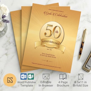 Pastor Golden Anniversary Program Template | Word & Publisher: 4-Page Church Bifold Brochure (8.5x11) Digital Download