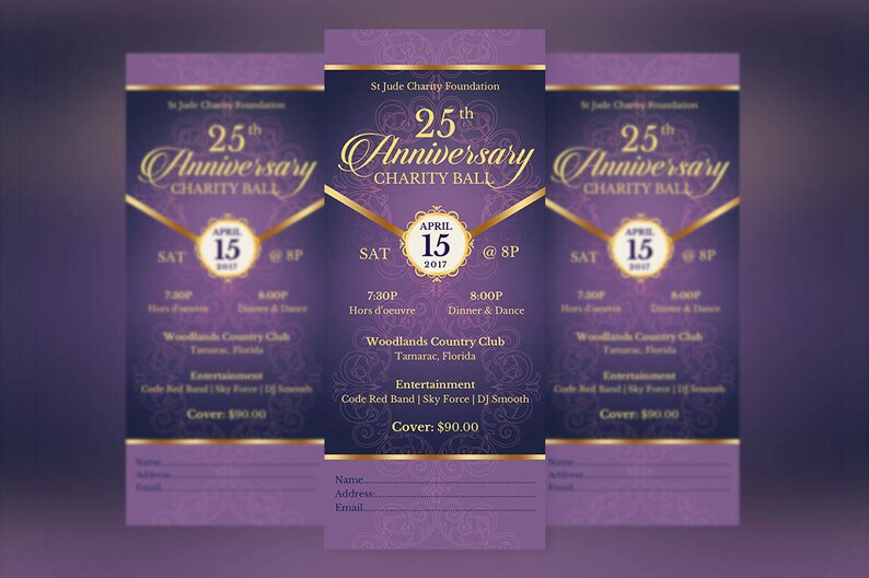 Purple Gold Anniversary Banquet Ticket Template, Word Template, Publisher, Church Anniversary, Gala Event, 3x7 inches image 5